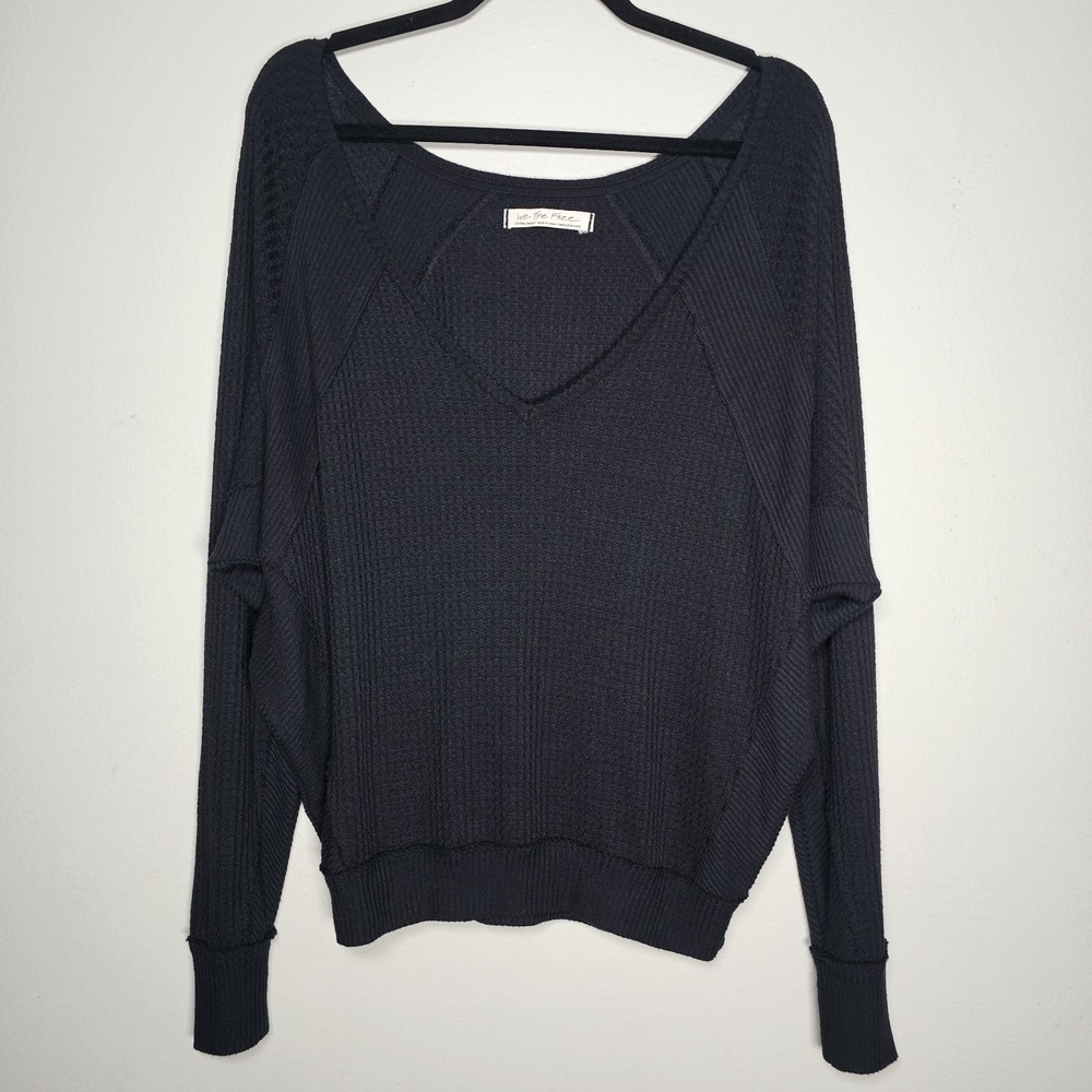 We The Free People Women's XS Waffle Knit Top Oversized Black Shirt Boho Flowy